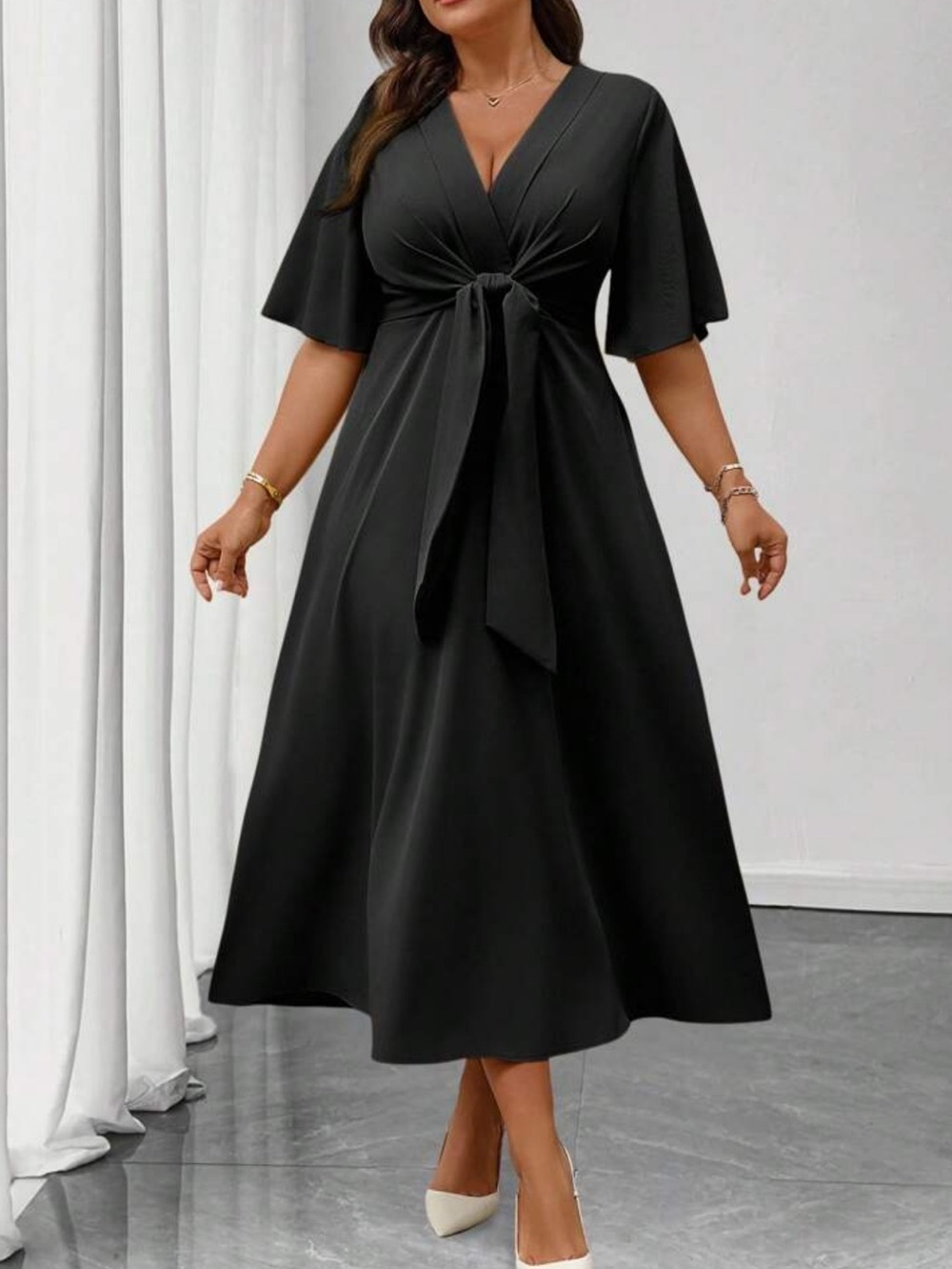 Elegant V-Neck Black Tie-Waist Midi Dress